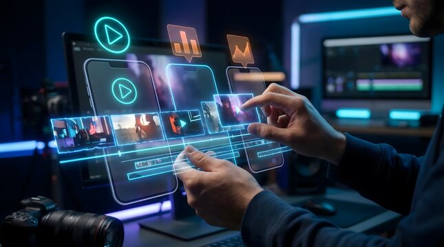 Digital content creation workflow with glowing interface elements and a focused professional using advanced editing software for social media marketing and video production.