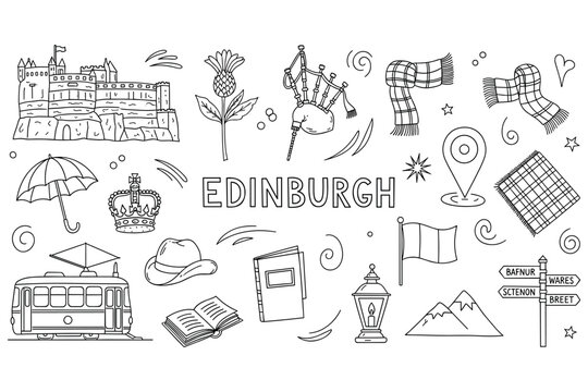 Edinburgh icons: castle, bagpipes, thistle, and more in black and white
