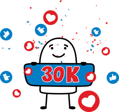 Minimalist doodle character celebrating 30k followers with likes
