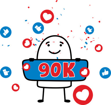 Minimalist doodle character celebrating 90k followers with likes