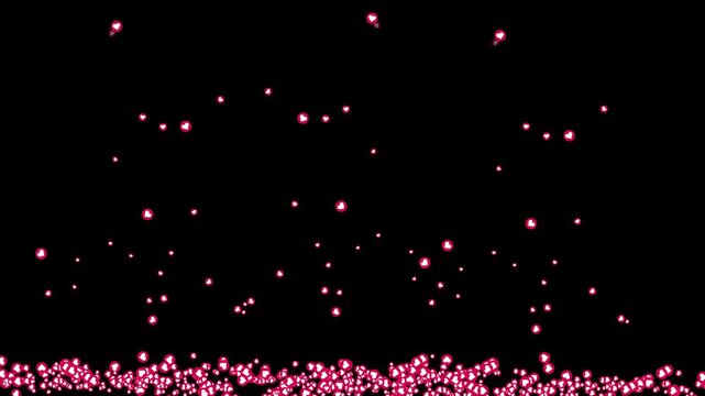 Social Media Heart Like Icons Rain Pile on The Floor, Heart Particles Rain, Hearts Float Effect Animation, Likes Float Animation, Black Background, 2D Falling Hearts, Motion Graphics, 2D Animation