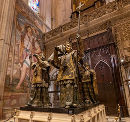 Sevilla, Spain - 22 Jul 23: Tomb of Christopher Columbus, Seville Cathedral