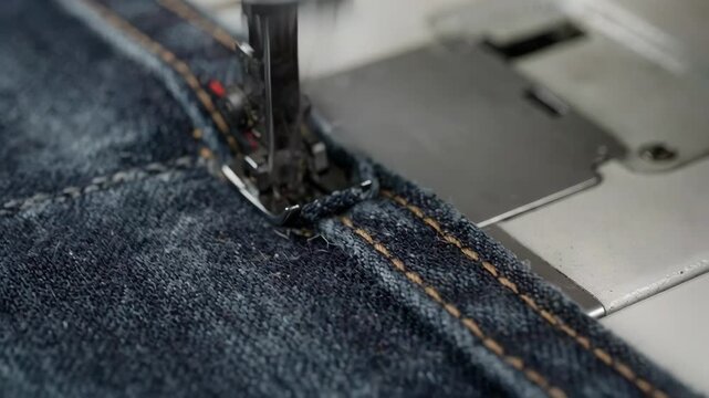 Medium shot of a sewing machine bartacking dense stitches on belt loops with vivid contrast thread emphasizing reinforced durability on denim fabric.