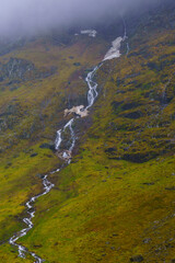 Seasonal Meltwater Stream on Mossy Mountain Slope in Norway
