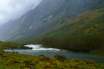 Glacial River Flowing Through Mountain Valley Near Nigardsbreen Norway