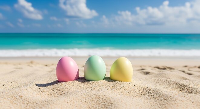 Colorful easter eggs on sandy beach with ocean background, vibrant pastel colors