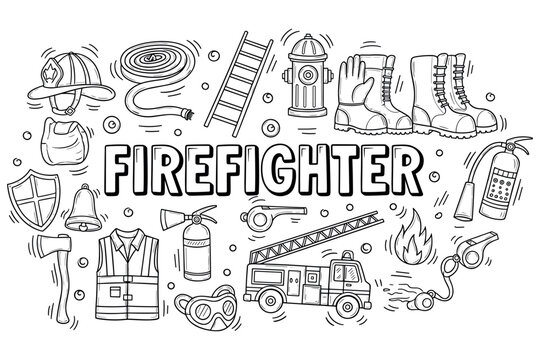 Doodle illustration of firefighter equipment and safety gear elements