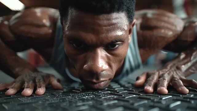 A muscular man doing push-ups in a modern gym during an intense workout video