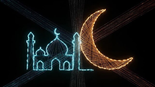 A modern abstract string art visualization where glowing threads connect to form a mosque silhouette and crescent moon at night.