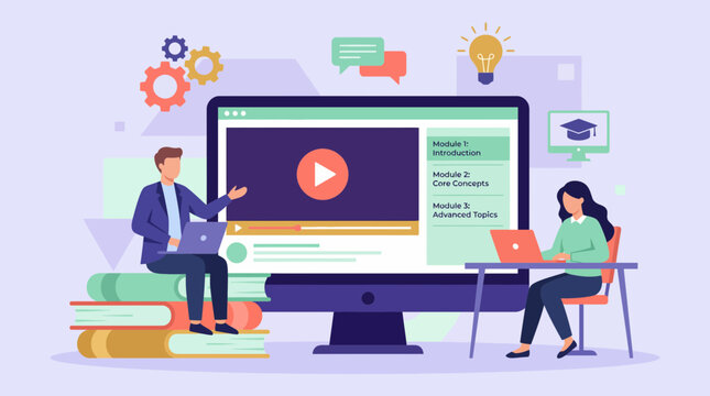 Flat vector illustration of a male lecturer presenting an e-learning module on a screen to a female student, concept for online education, professional training and digital webinar promotion