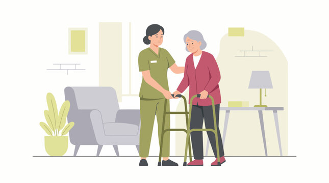 Professional caregiver assists senior patient with a walker in a light interior, concept for geriatric care support, medical services and rehabilitation center branding