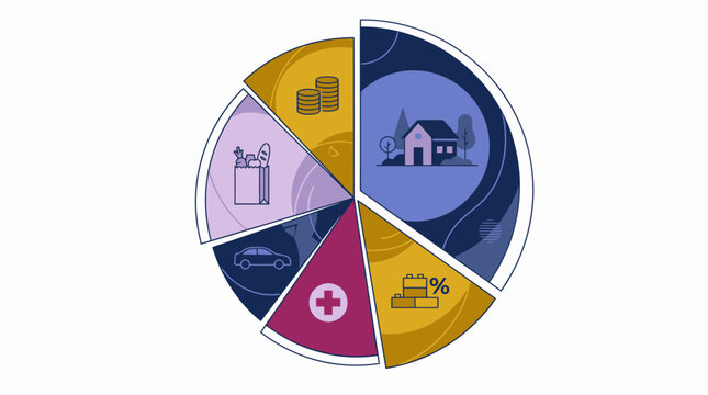 Flat design pie chart illustrating personal finance categories like housing, transport, food and medical expenses, concept for budgeting presentation, investment reports and financial literacy