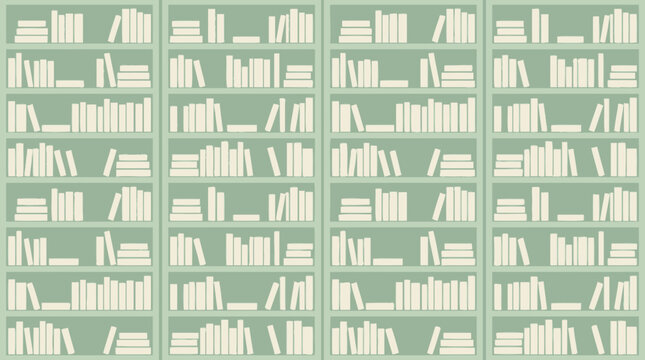 Seamless pattern illustration of vintage bookshelves packed with various cream-colored books on a sage green background, concept for education, literature background and academic resources