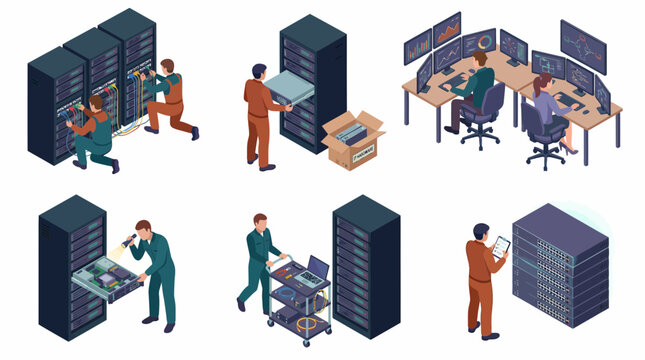 Isometric vector set of IT engineers installing, maintaining and monitoring data center server racks and network infrastructure, concept for IT support, cloud computing and cybersecurity services