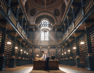 Obraz premium Professional man researching in a grand, historic library with towering bookshelves and ornate architecture. Represents wisdom, academic excellence, and the pursuit of knowledge.