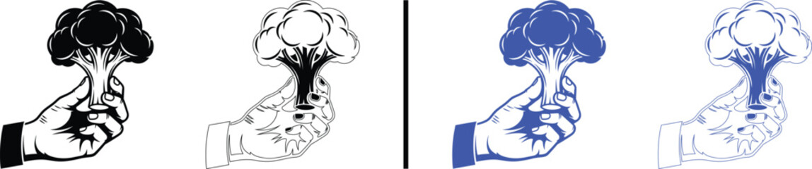 Fototapeta premium hand holding broccoli icon isolated on white background, black and blue vector illustration of fresh vegetable for healthy diet, nutrition, and organic food concepts.