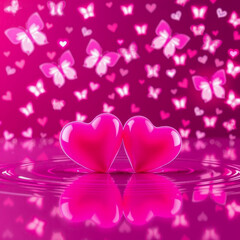 Lovely romantic background with two pink hearts and butterflies, design illustration for Valentine&rsquo;s Day 