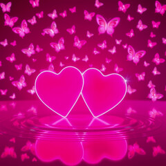 Lovely romantic background with two pink hearts and butterflies, design illustration for Valentine&rsquo;s Day 