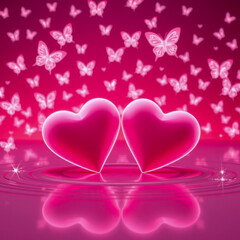 Lovely romantic background with two pink hearts and butterflies, design illustration for Valentine&rsquo;s Day 