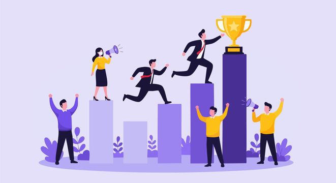 Business people racing up growth bar chart to golden trophy, success and competition vector illustration