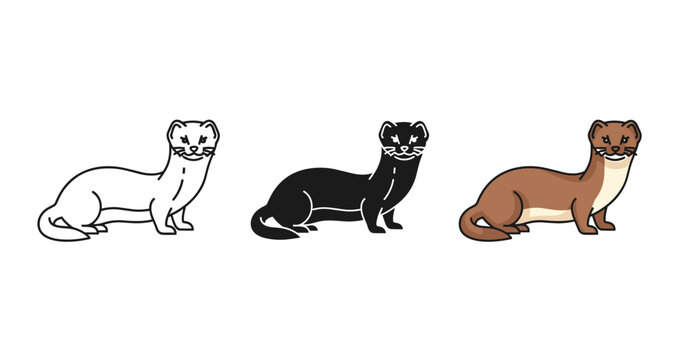 Cartoon weasels trio illustration in black, white, and brown variations
