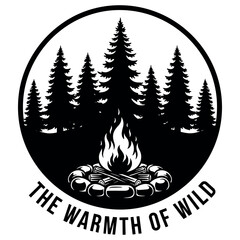 Naklejka premium Campfire amidst pine trees emblem with 