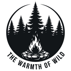 Naklejka premium Monochrome forest camping scene with campfire and pine trees