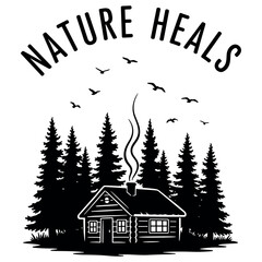 Naklejka premium Nature heals: serene cabin among evergreen trees with birds soaring