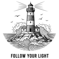 Naklejka premium Monochrome lighthouse on rocky shore with ocean waves and inspirational message