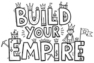 Naklejka premium Build your empire: black and white illustration with castles, crown, and dollar signs