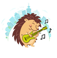 Brown hedgehog on guitar playing music. Audio at the concert. Text design. city. Installation. smartphones. Vector illustration.