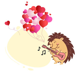Brown hedgehog on guitar playing music.  love. Audio at the concert. Text design.  Installation.  card or banner Valentine day. Vector illustration
