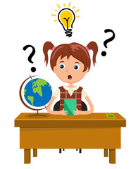 Geography girl looking at the question.  The geography girl thinks and answers.  And she has an idea. Vector illustration in a flat style.