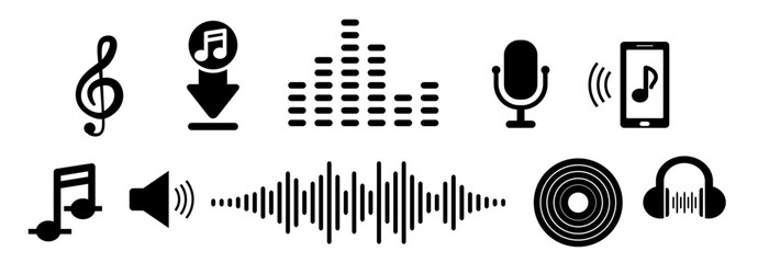 music. treble clef. microphone. wave.  stave. speaker. headphone. telephone. melody. record. musical notes isolated on white background. Signs of musical notation. Vector sign for illustration.