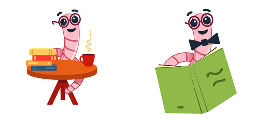 Cute Bookworm in glasses on stack of books. cartoon character worm. Vector illustration in flat style.