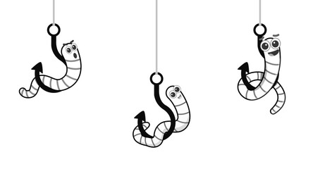 Cartoon worm on a hook. emotion. isolated on a white background. vector illustration. character icon Earthworm. flat style. Crawling animal creature.