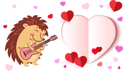 Brown hedgehog on guitar playing music.  love. Audio at the concert. Text design.  Installation.  card or banner Valentine day. Vector illustration