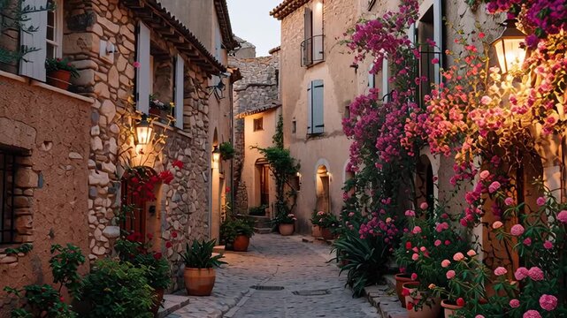 Charming stone street in a Mediterranean village with blooming bougainvillea, potted plants, and warm evening lights creating a cozy romantic atmosphere
