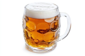 Enjoying a German beer mug filled with foam and amber liquid on a clean white background at a casual social event