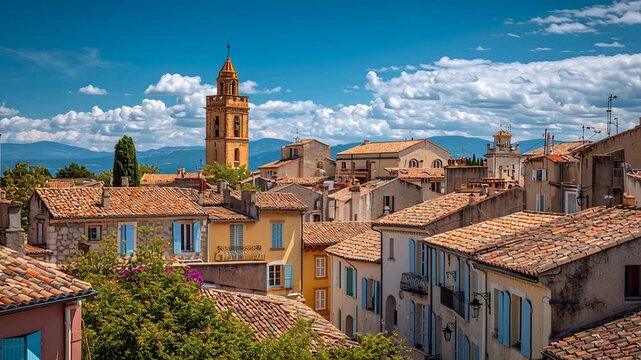 Sunlit Mediterranean village with terracotta rooftops, pastel houses and a historic bell tower under a bright blue sky, capturing authentic southern European charm