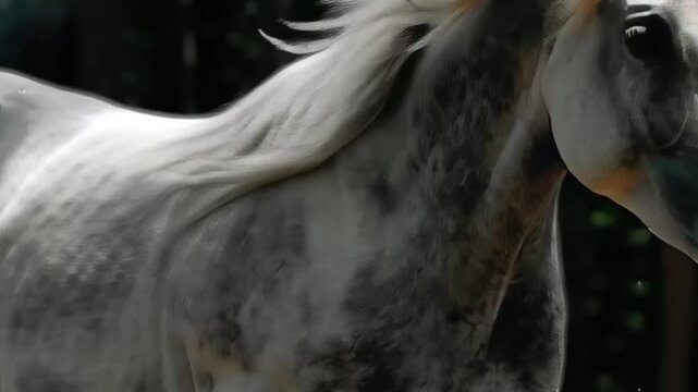 Powerful white stallion galloping through dust on dark background, slow motion