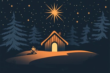 Fototapeta premium Christmas nativity house with Bethlehem star in a night sky with trees during the holiday season