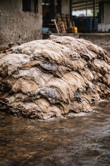 Wet fabric pulp in factory rollers (leather)