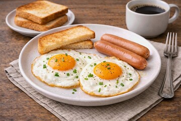Classic breakfast plate with eggs and sausages