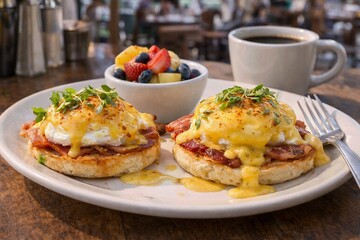 Eggs benedict breakfast with fruit bowl