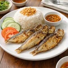 Crispy fried fish with rice plate