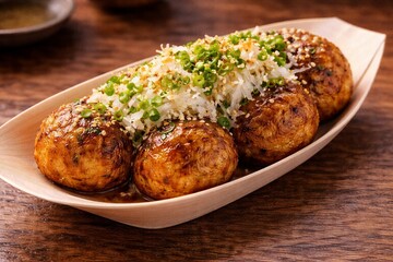 Glazed meatballs served with fresh herbs (takoyaki)