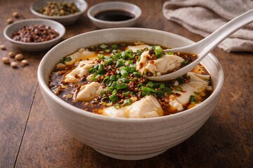 Spicy tofu soup with seafood and herbs