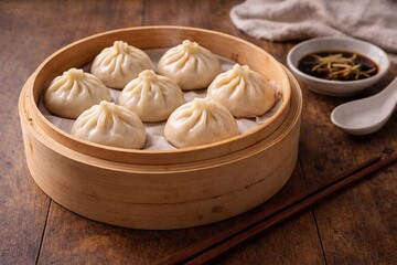 Steamed dumplings in bamboo steamer