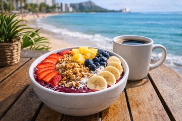 Tropical beach breakfast bowl with fruit